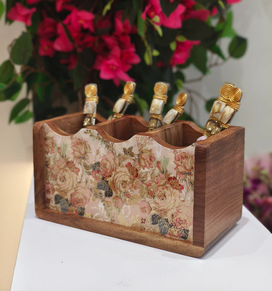Handcrafted Mango Wooden Floral Multi-Purpose Organizer - 3 Section