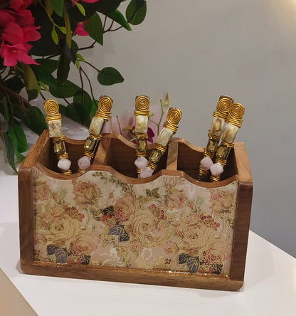 Handcrafted Mango Wooden Floral Multi-Purpose Organizer - 3 Section