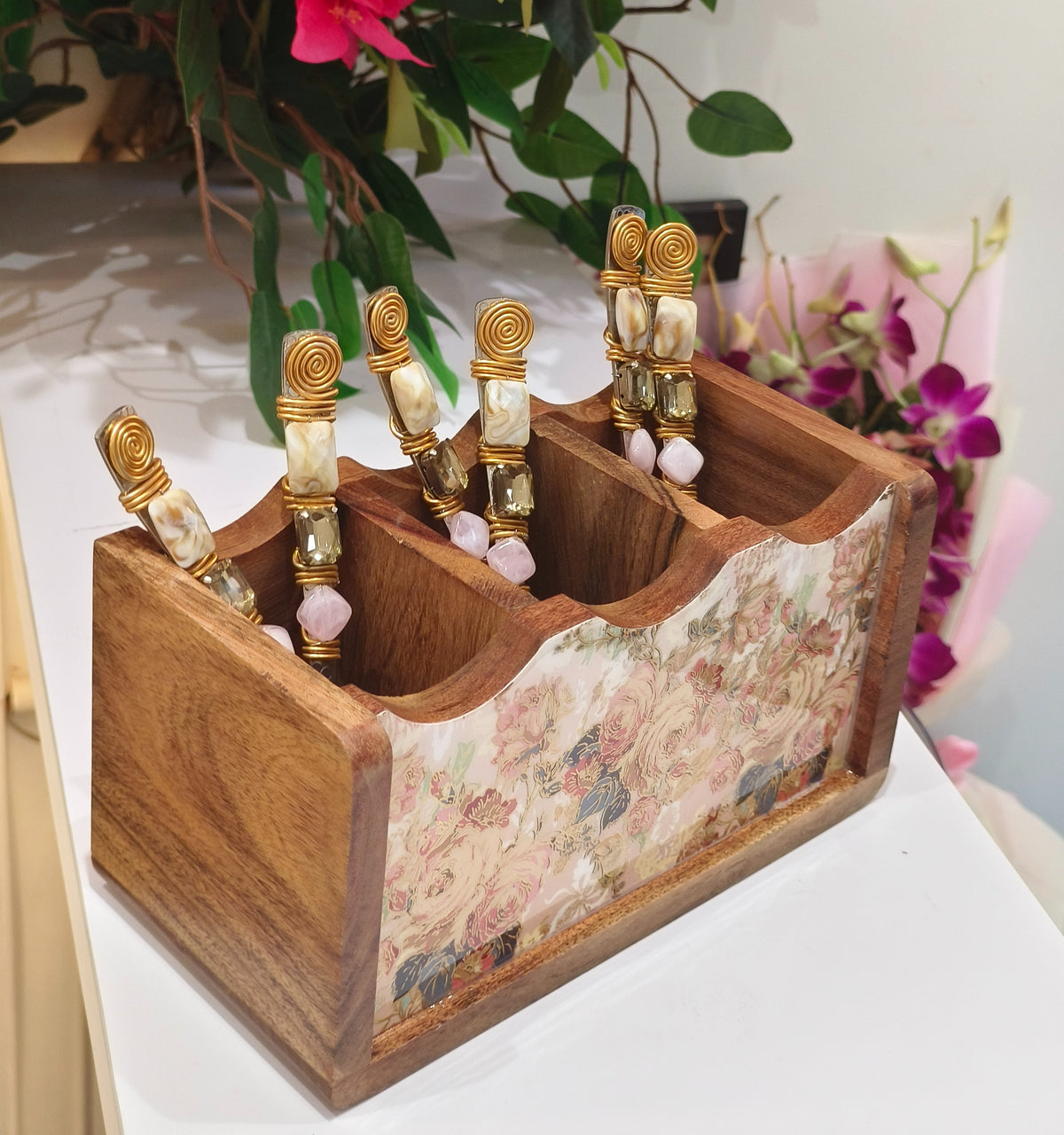 Handcrafted Mango Wooden Floral Multi-Purpose Organizer - 3 Section