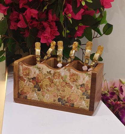 Handcrafted Mango Wooden Floral Multi-Purpose Organizer - 3 Section