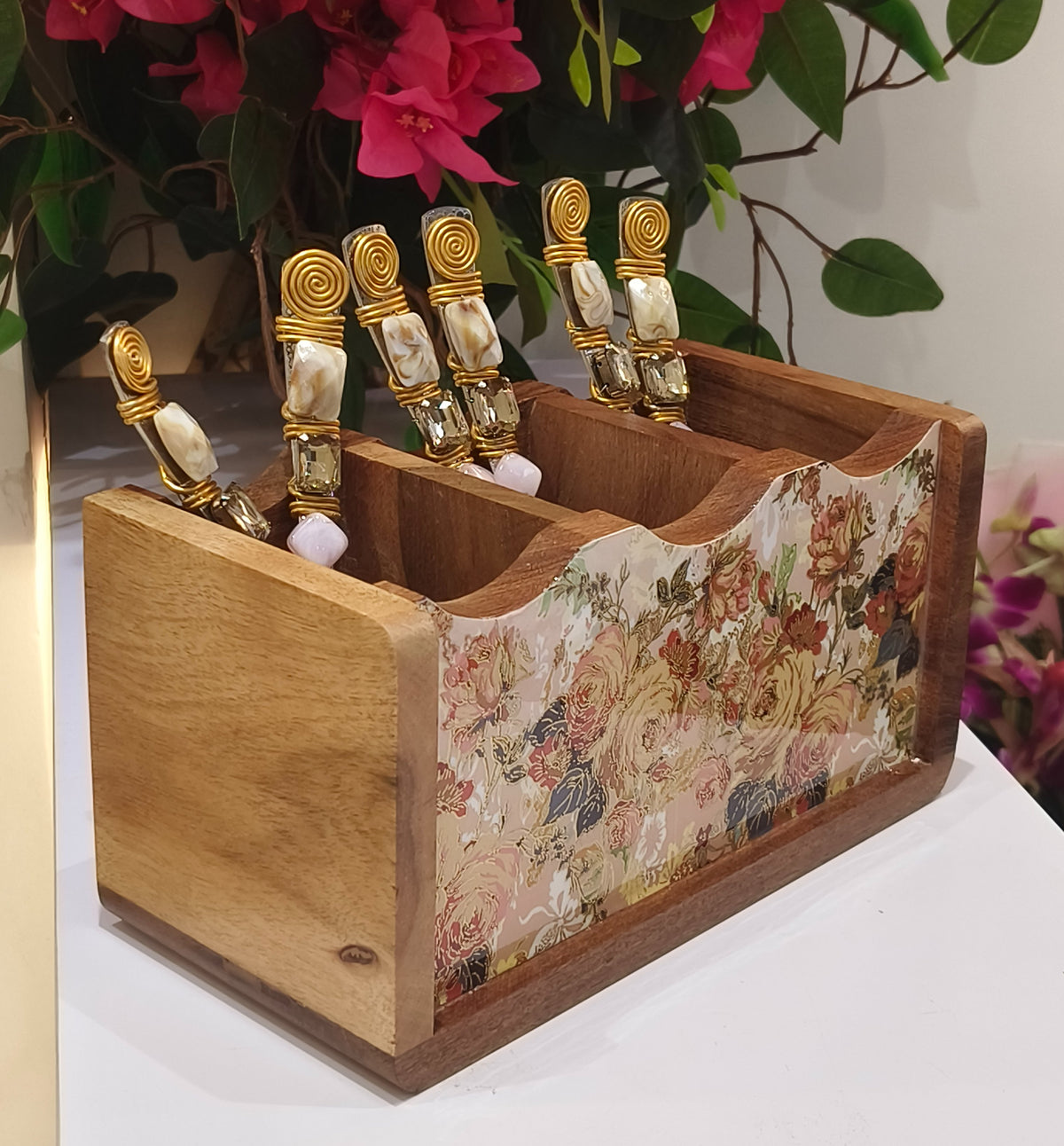 Handcrafted Mango Wooden Floral Multi-Purpose Organizer - 3 Section