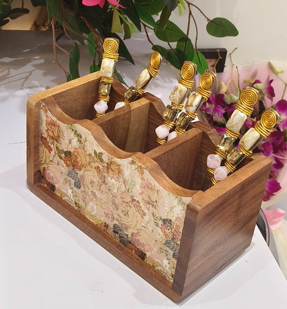 Handcrafted Mango Wooden Floral Multi-Purpose Organizer - 3 Section
