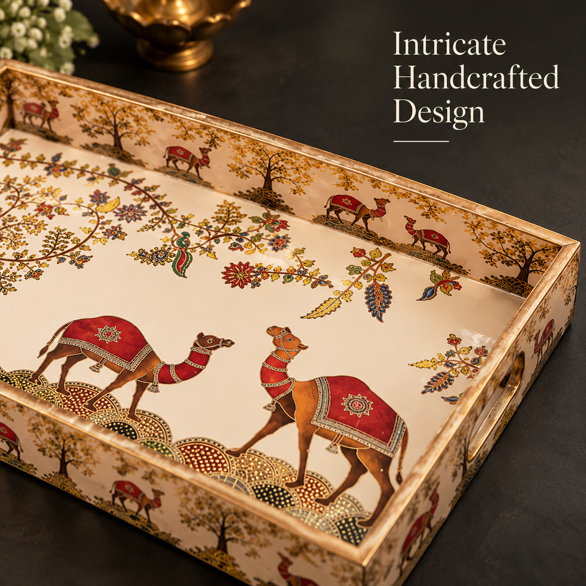 Wooden Serving Tray Set of 3 with Traditional Camel Print | Decorative Rectangular Trays with Handles