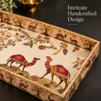 Wooden Serving Tray Set of 3 with Traditional Camel Print | Decorative Rectangular Trays with Handles