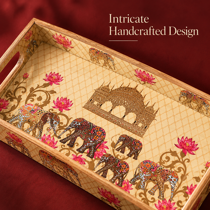 Handcrafted Wooden Serving Tray Set of 3 with Elephant & Lotus Motif