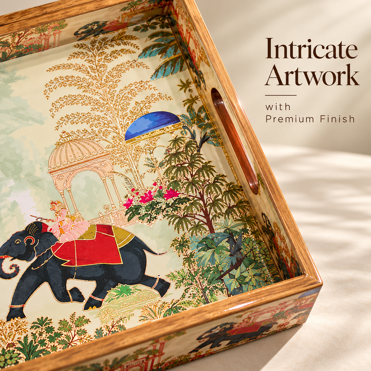Handcrafted Wooden Serving Tray Set of 3 with Elephant Motif – Decorative Multipurpose Trays
