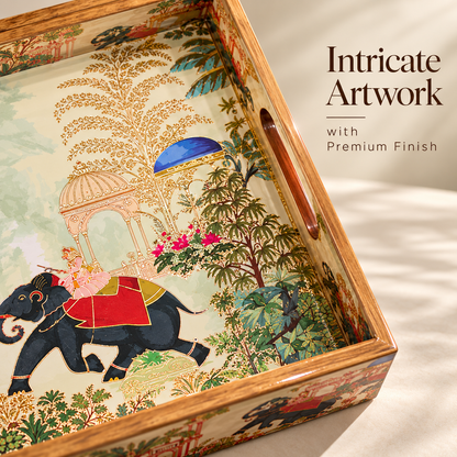 Handcrafted Wooden Serving Tray Set of 3 with Elephant Motif – Decorative Multipurpose Trays