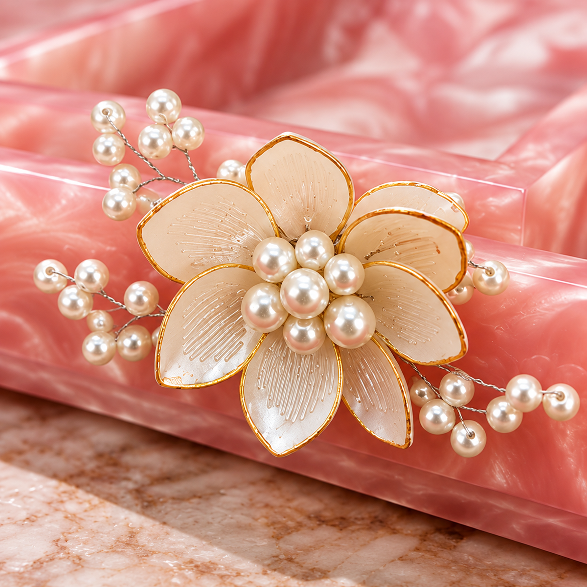 Rose Pink Resin Bathroom Accessories Set with Handcrafted Floral Decoration – 4 Pieces