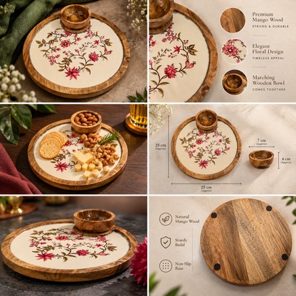Mango Wood Round Snacks Serving Platter with Bowl – Floral Design