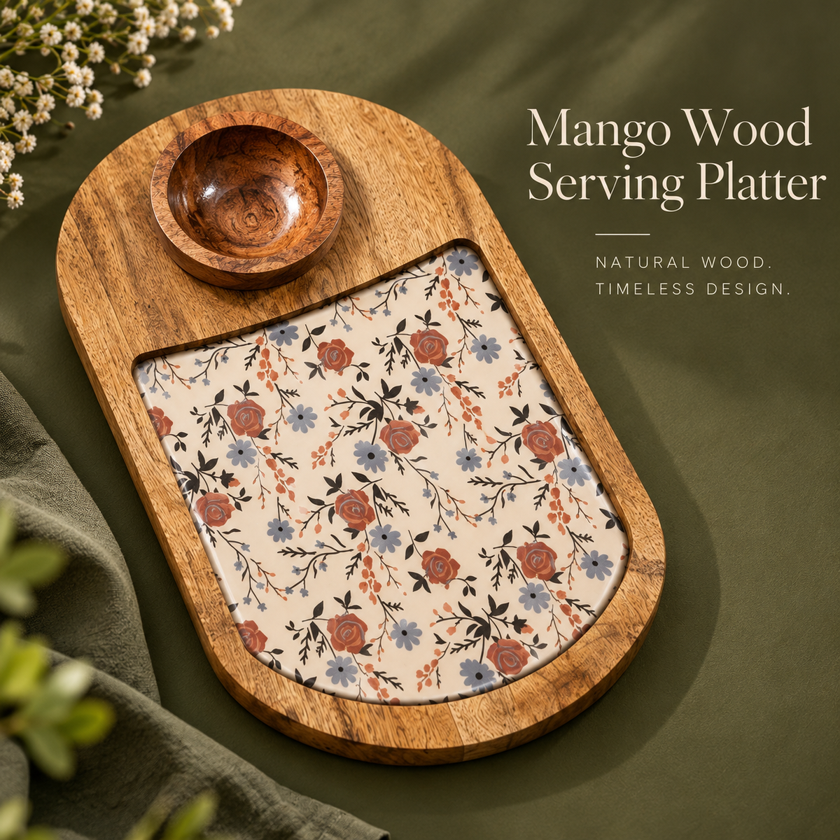 Mango Wood Snacks Platter with Bowl – Floral Print Serving Board