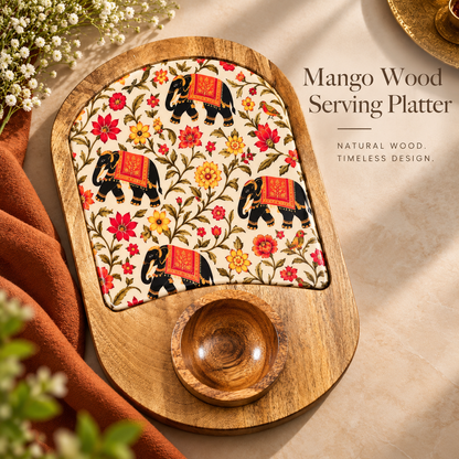Mango Wood Snacks Platter with Bowl – Floral Print Serving Board