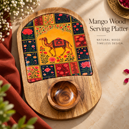 Mango Wood Snacks Platter with Bowl – Floral Print Serving Board