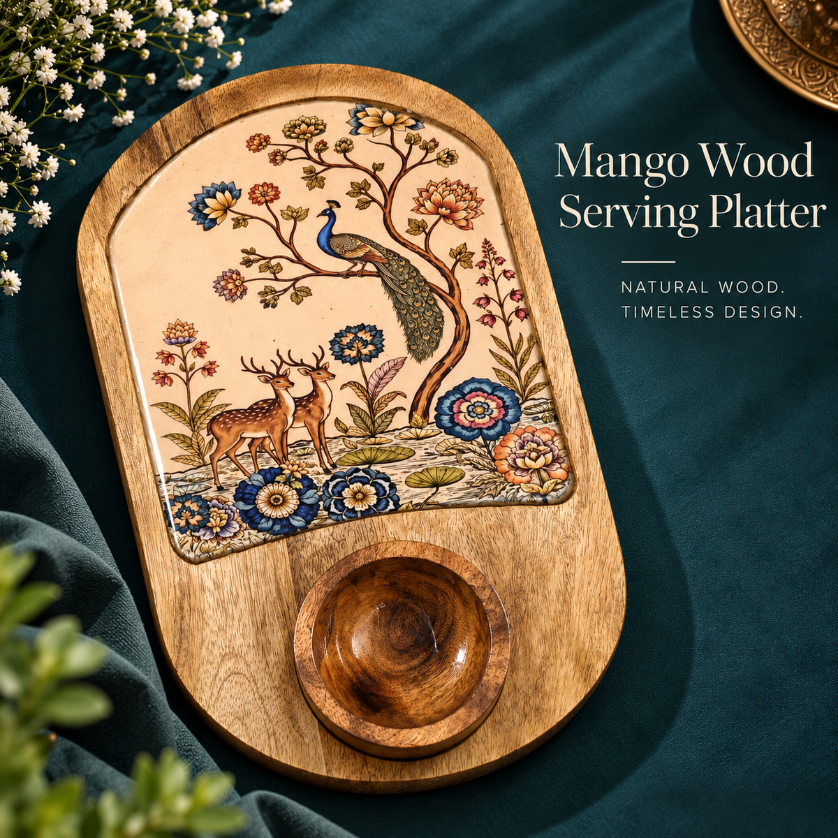 Mango Wood Snacks Platter with Bowl – Floral Print Serving Board