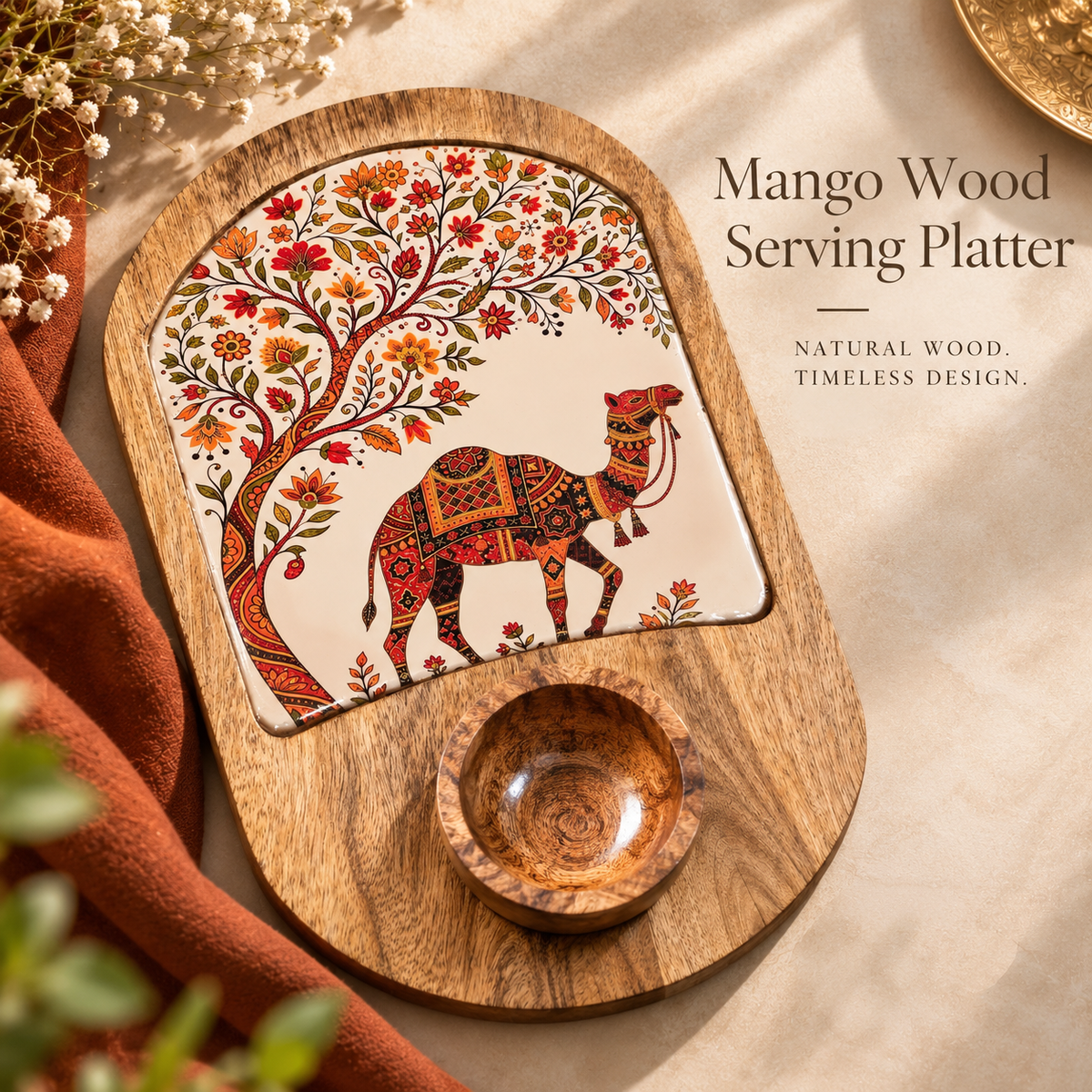 Mango Wood Snacks Platter with Bowl – Floral Print Serving Board