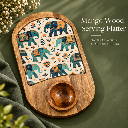 Mango Wood Snacks Platter with Bowl – Floral Print Serving Board
