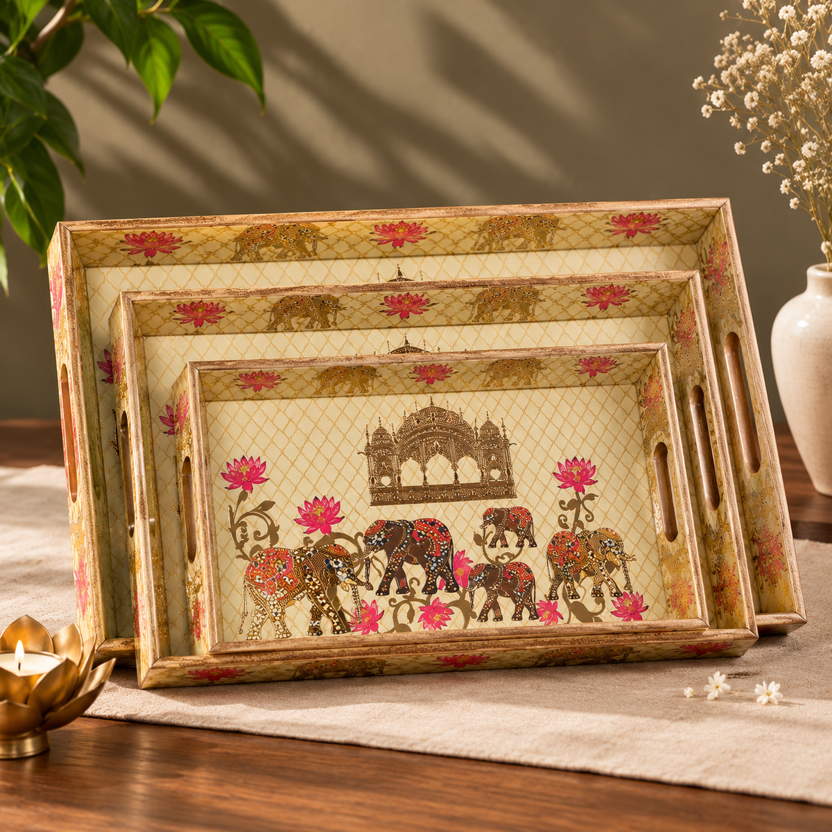 Handcrafted Wooden Serving Tray Set of 3 with Elephant & Lotus Motif
