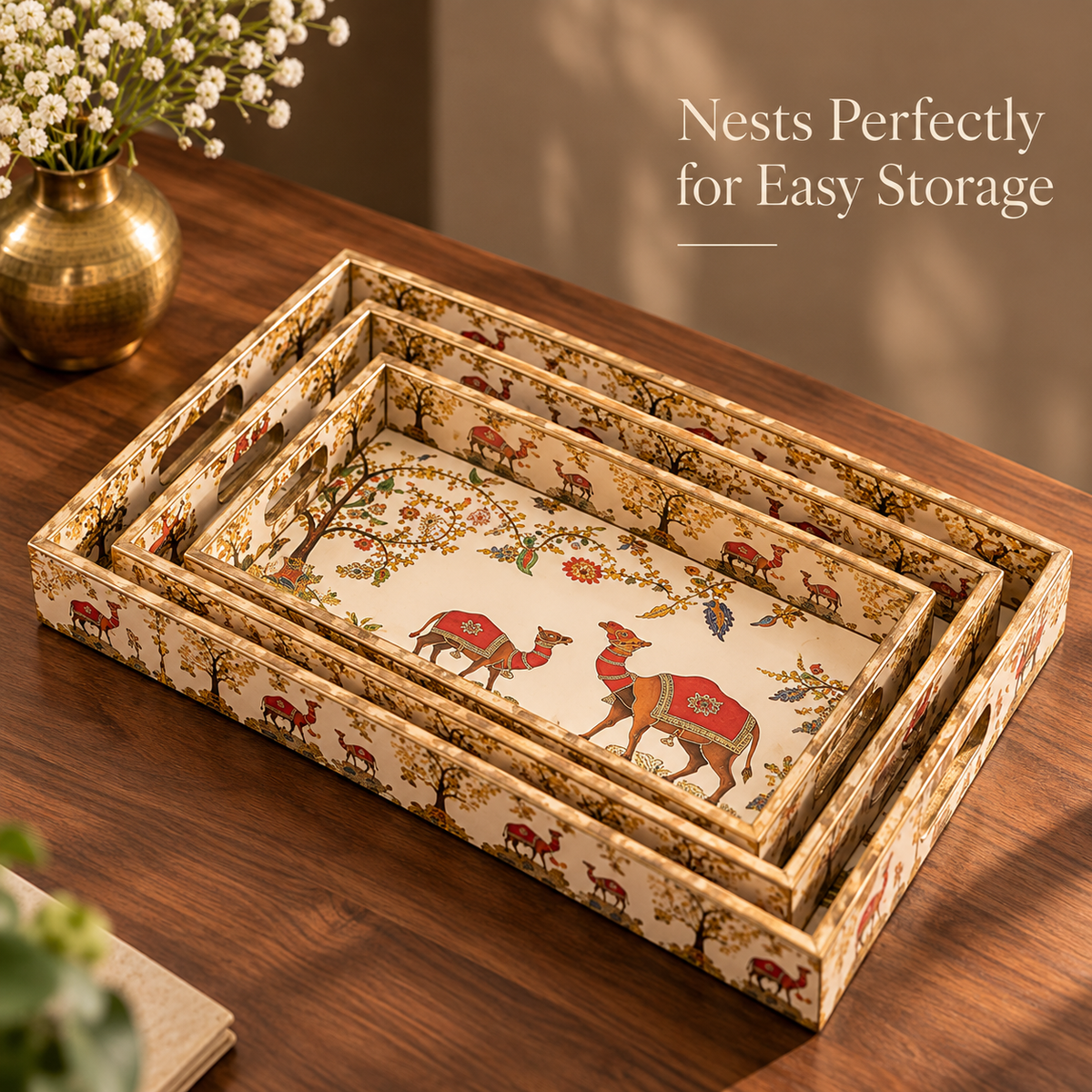 Wooden Serving Tray Set of 3 with Traditional Camel Print | Decorative Rectangular Trays with Handles