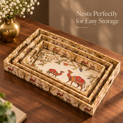 Wooden Serving Tray Set of 3 with Traditional Camel Print | Decorative Rectangular Trays with Handles