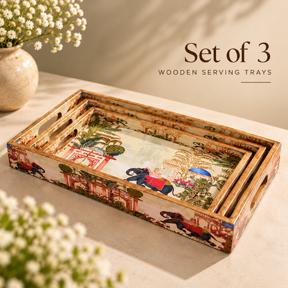 Handcrafted Wooden Serving Tray Set of 3 with Elephant Motif – Decorative Multipurpose Trays
