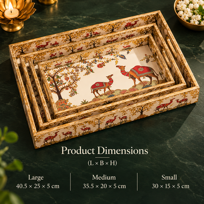 Wooden Serving Tray Set of 3 with Traditional Camel Print | Decorative Rectangular Trays with Handles