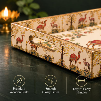 Wooden Serving Tray Set of 3 with Traditional Camel Print | Decorative Rectangular Trays with Handles