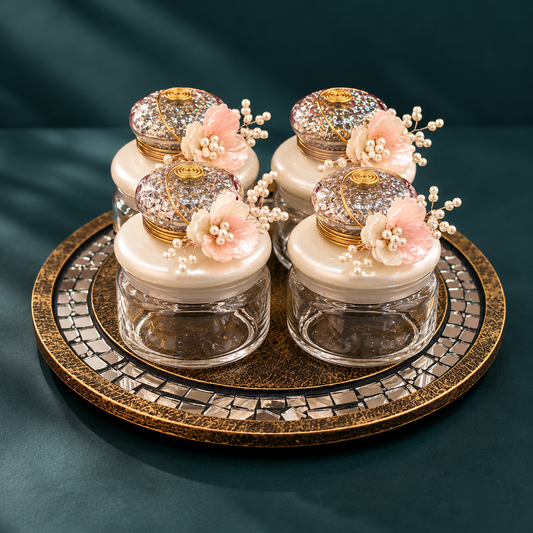 Decorative Glass Jar Set with Floral Embellished Lids & Vintage Mosaic Tray – 4 Pieces | Sajja Kreation