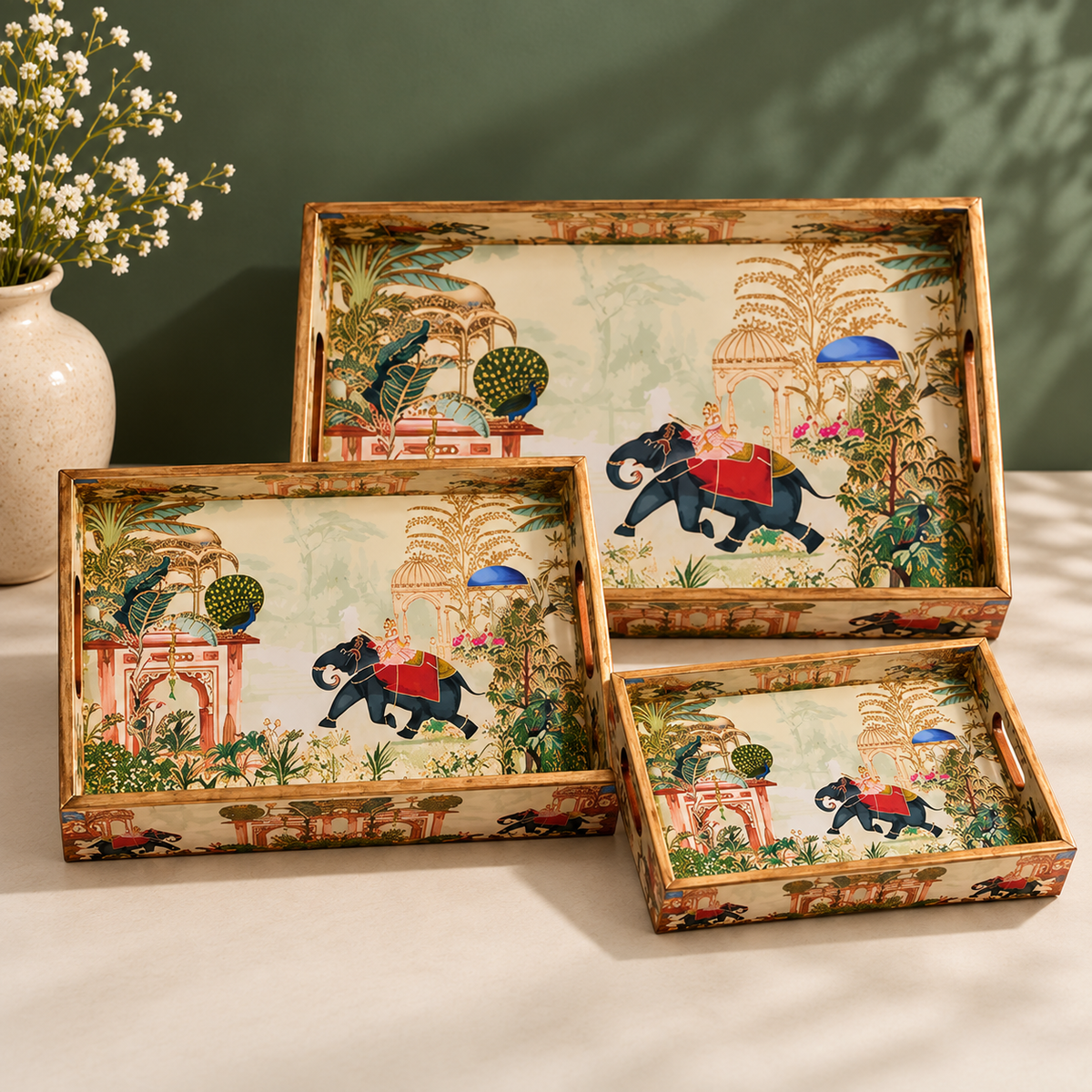 Handcrafted Wooden Serving Tray Set of 3 with Elephant Motif – Decorative Multipurpose Trays