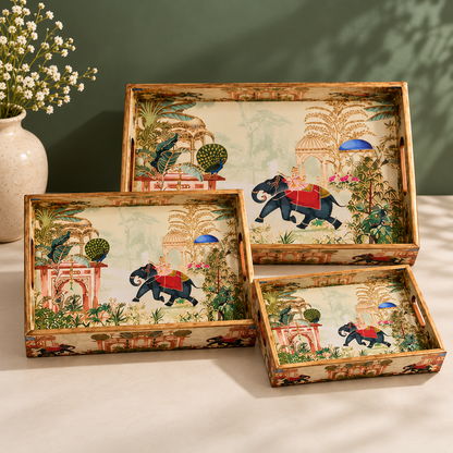 Handcrafted Wooden Serving Tray Set of 3 with Elephant Motif – Decorative Multipurpose Trays