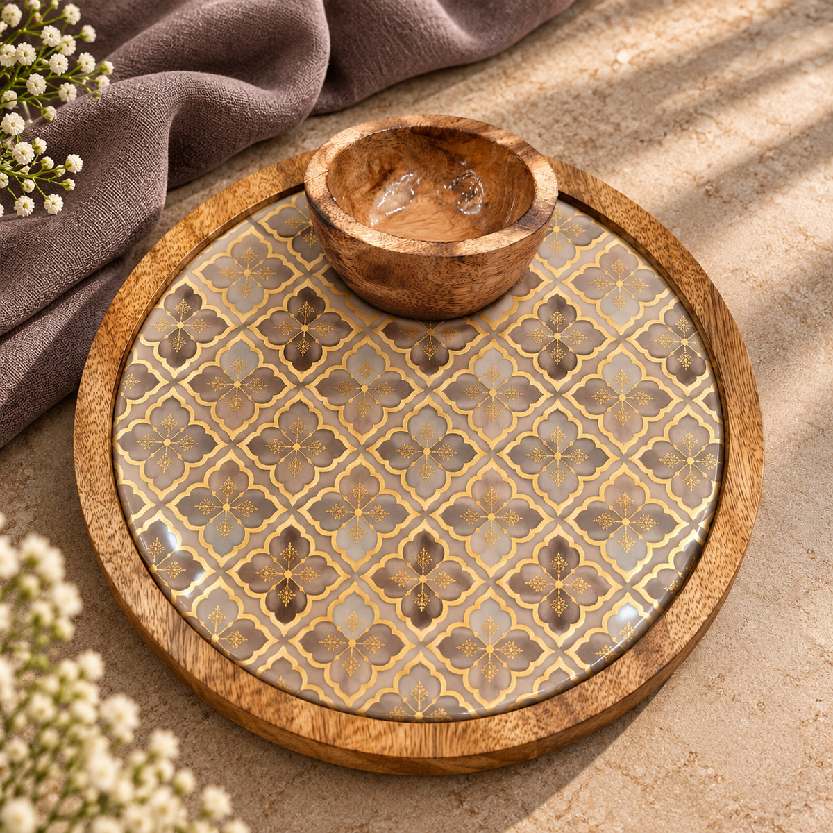 Mango Wood Round Snacks Serving Platter with Bowl – Floral Design