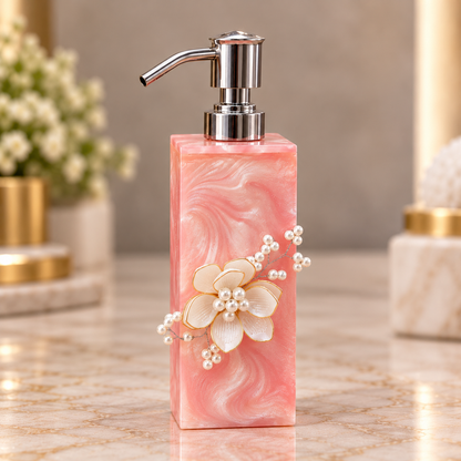 Rose Pink Resin Bathroom Accessories Set with Handcrafted Floral Decoration – 4 Pieces
