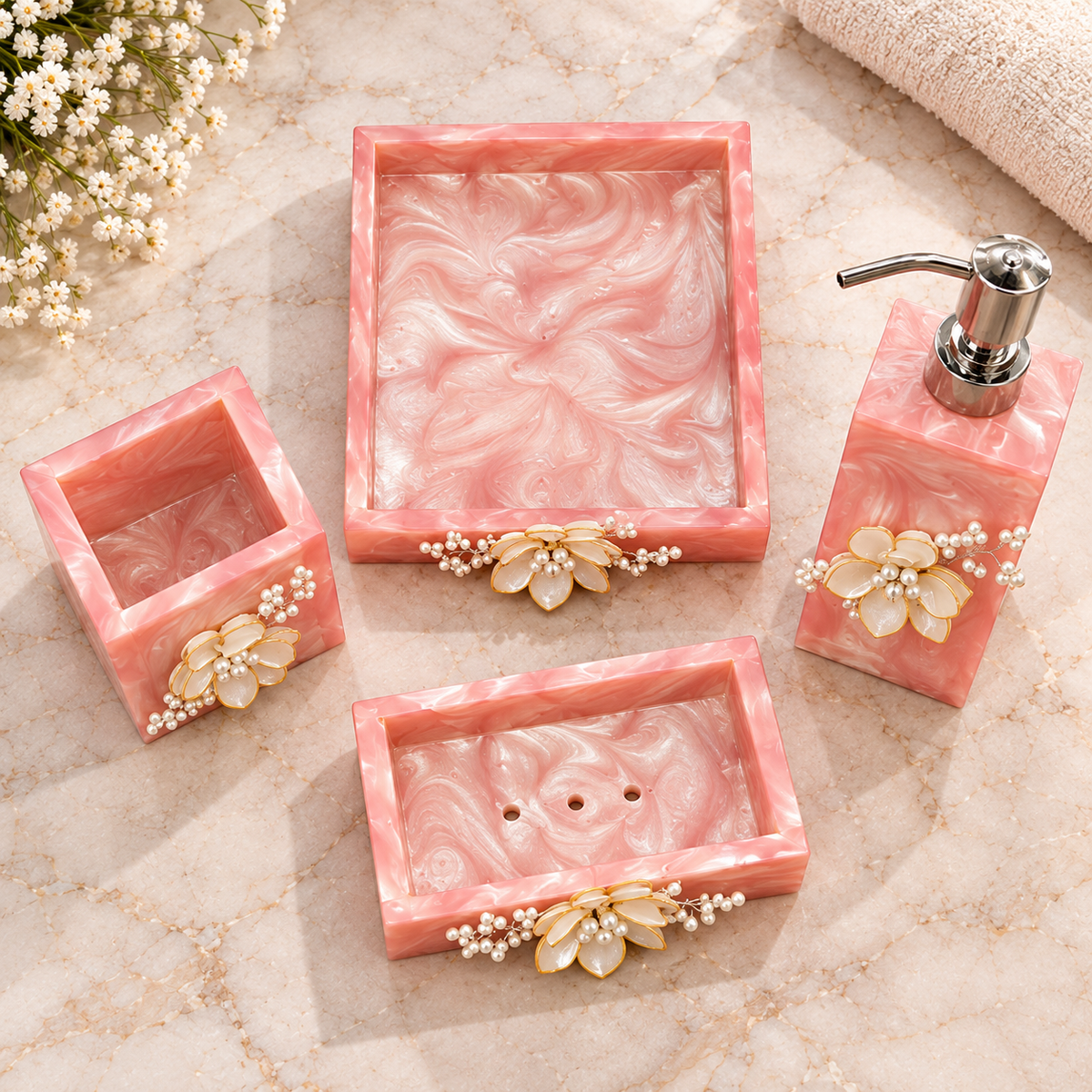 Rose Pink Resin Bathroom Accessories Set with Handcrafted Floral Decoration – 4 Pieces