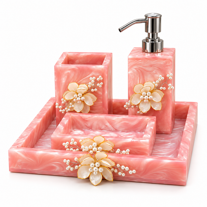 Rose Pink Resin Bathroom Accessories Set with Handcrafted Floral Decoration – 4 Pieces