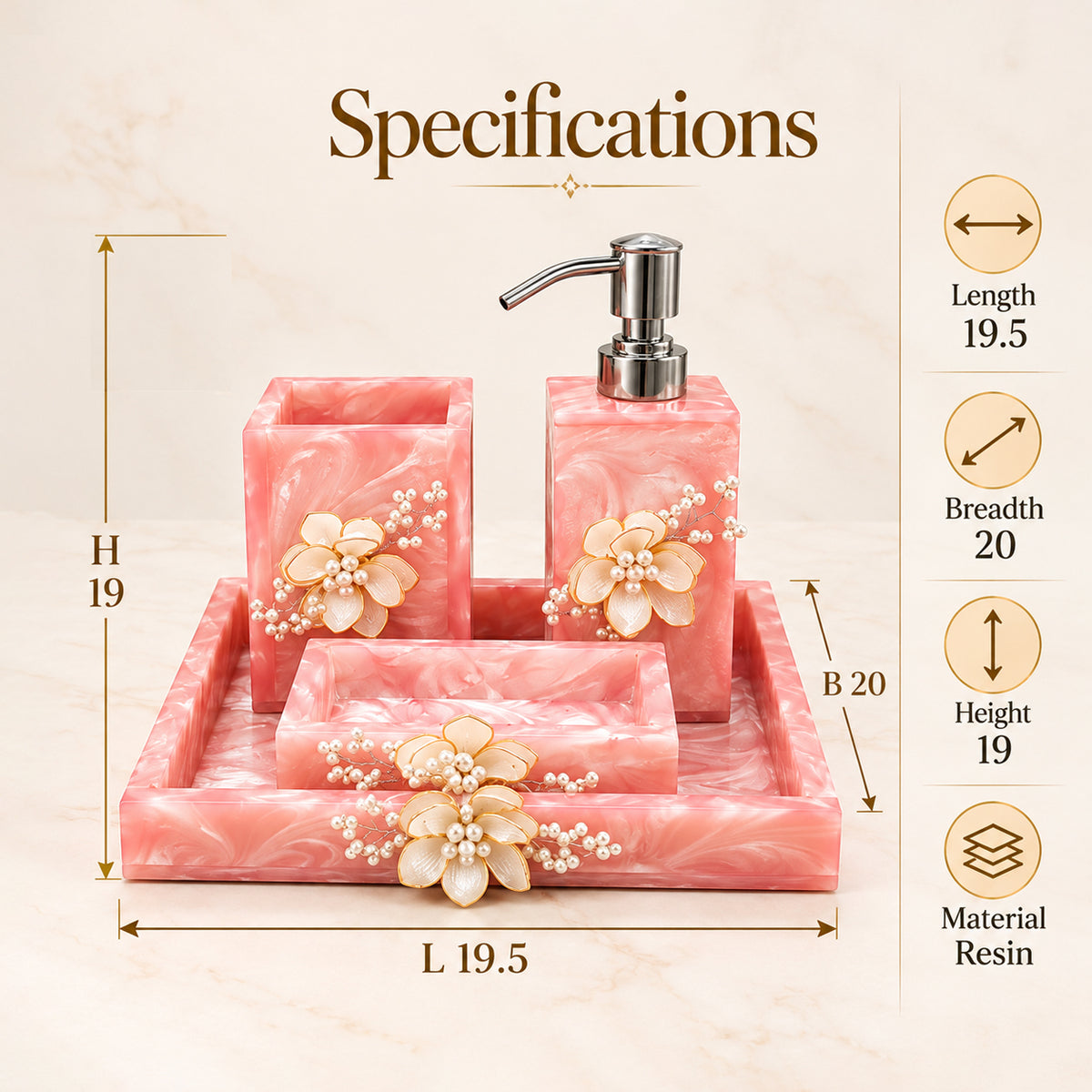 Rose Pink Resin Bathroom Accessories Set with Handcrafted Floral Decoration – 4 Pieces
