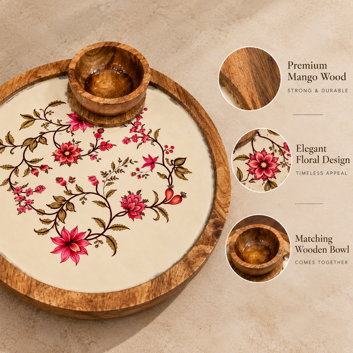 Mango Wood Round Snacks Serving Platter with Bowl – Floral Design