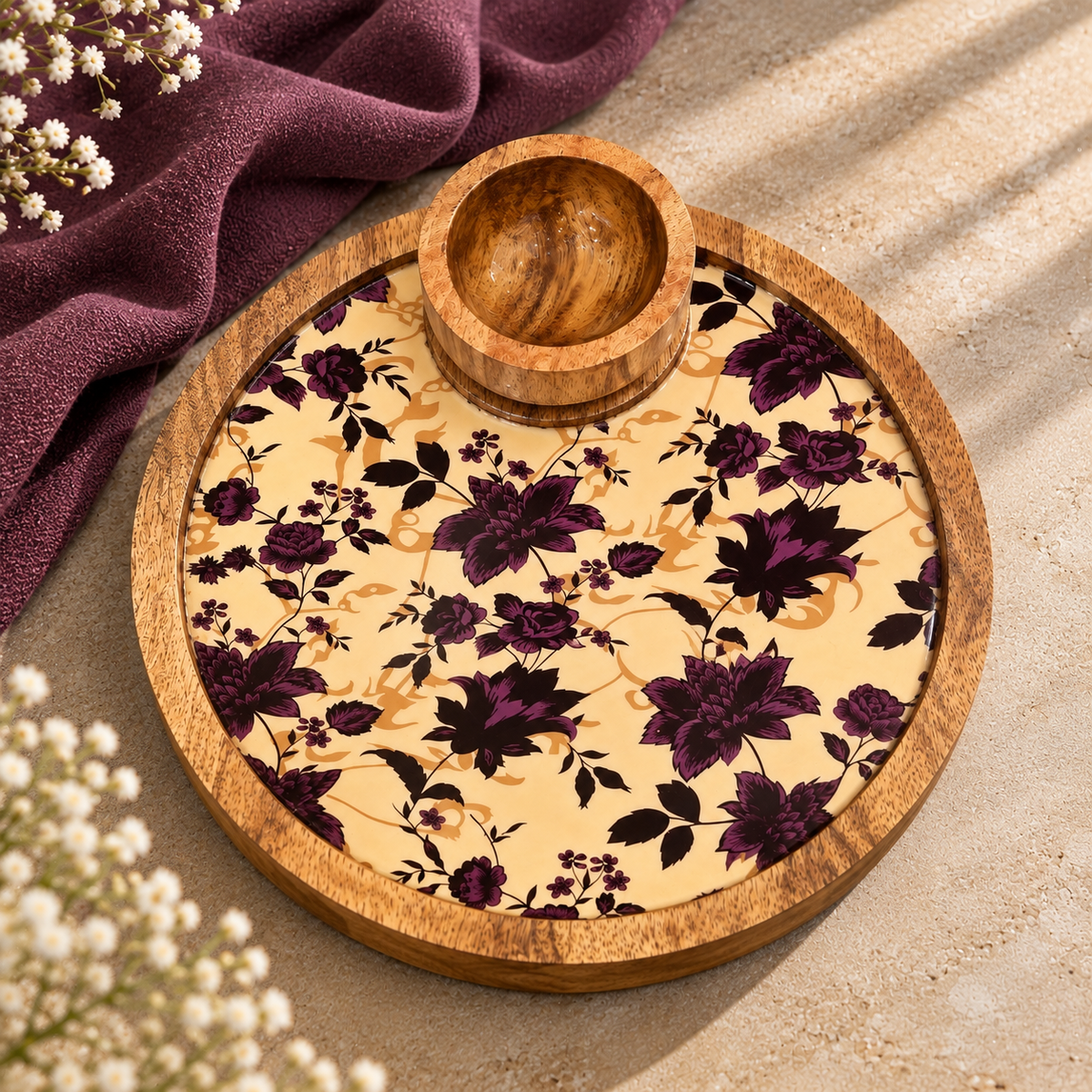 Mango Wood Round Snacks Serving Platter with Bowl – Floral Design