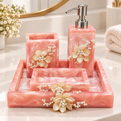 Rose Pink Resin Bathroom Accessories Set with Handcrafted Floral Decoration – 4 Pieces