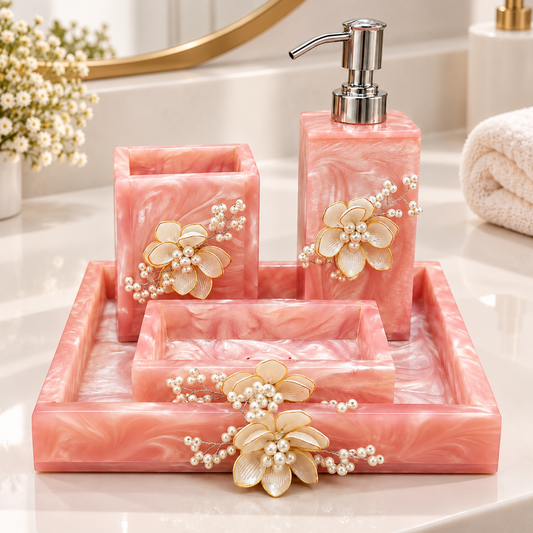 Rose Pink Resin Bathroom Accessories Set with Handcrafted Floral Decoration – 4 Pieces