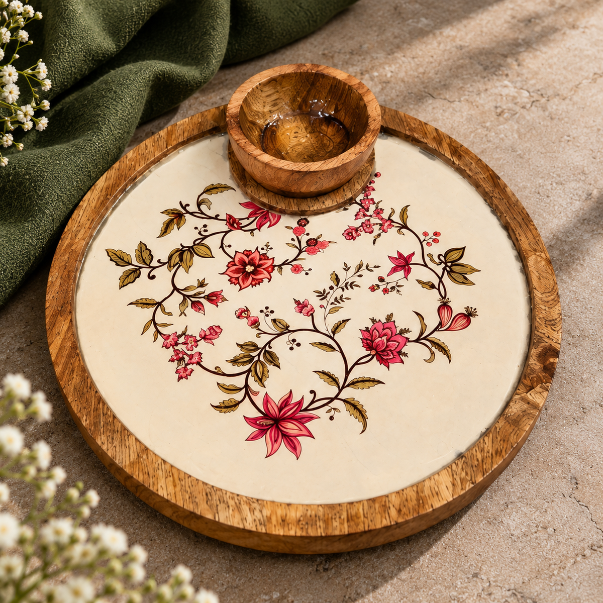 Mango Wood Round Snacks Serving Platter with Bowl – Floral Design