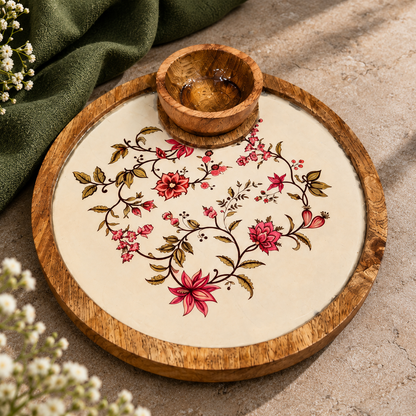 Mango Wood Round Snacks Serving Platter with Bowl – Floral Design