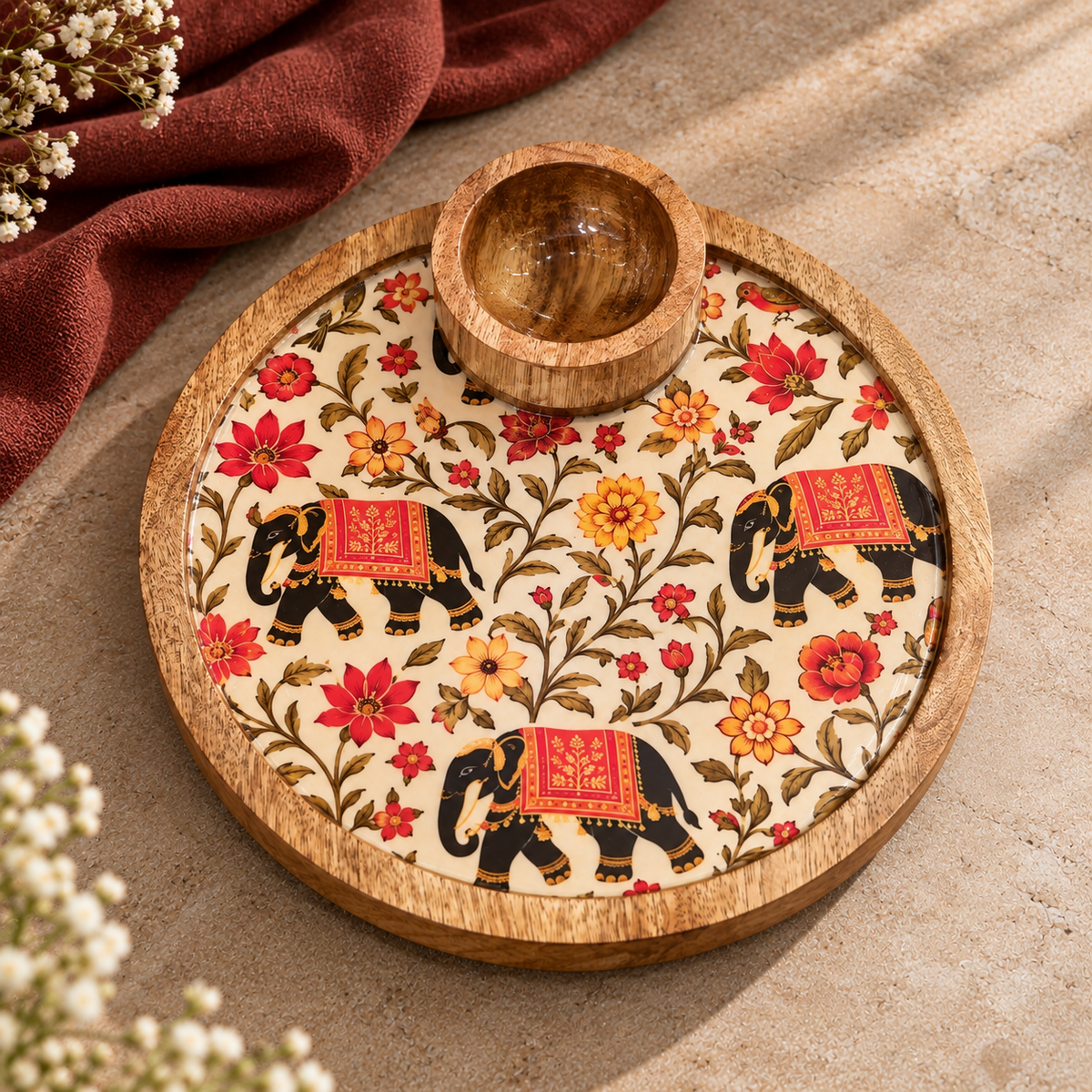 Mango Wood Round Snacks Serving Platter with Bowl – Floral Design