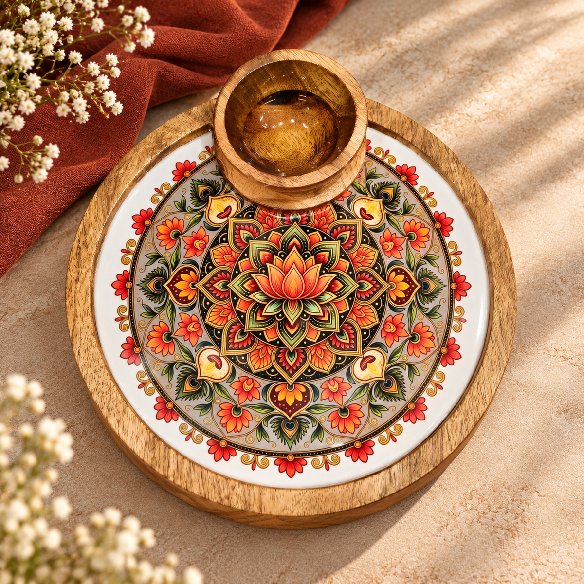 Mango Wood Round Snacks Serving Platter with Bowl – Floral Design
