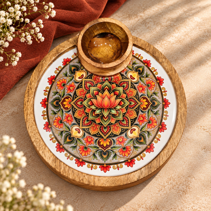 Mango Wood Round Snacks Serving Platter with Bowl – Floral Design