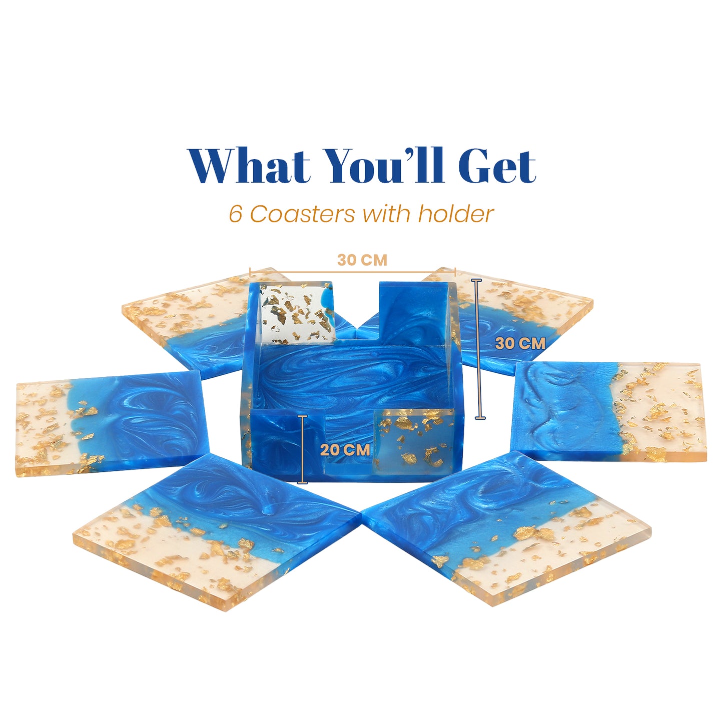 Resin Sparkle Blue Coasters – Set of 6 with Holder