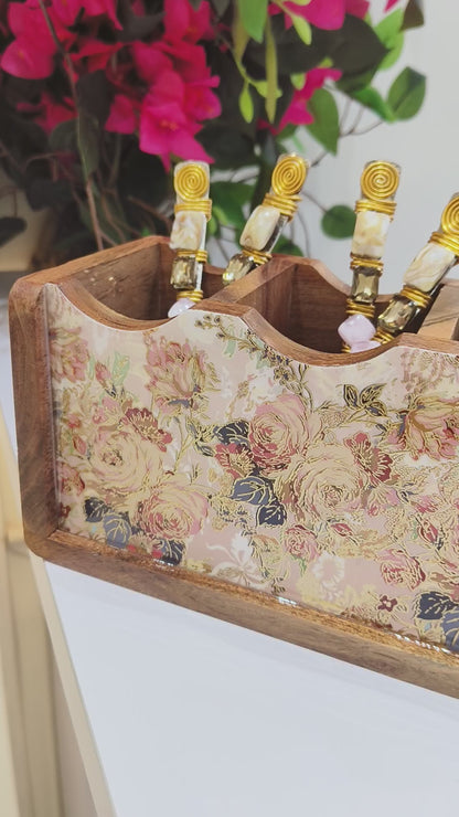 Handcrafted Mango Wooden Floral Multi-Purpose Organizer - 3 Section