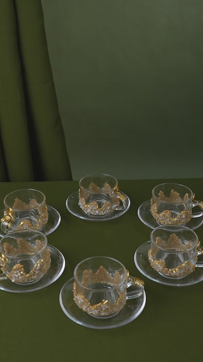 Luxury Handcrafted Resin & Glass Tea Cup Set of 6 With Soccer Plates
