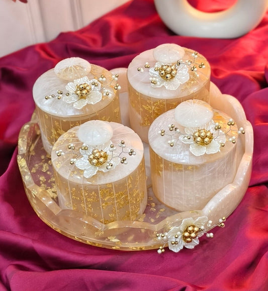 Resin Foil Round 4 Jar Organiser With Round Tray